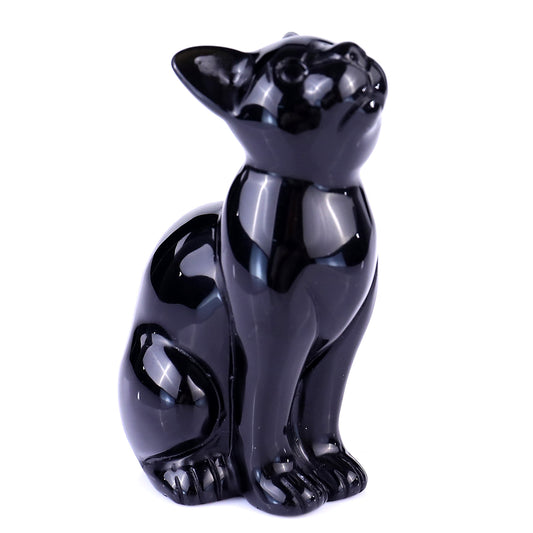 3.0" Black Obsidian Hand Carved Crystal Cat Sculpture Crystallumi