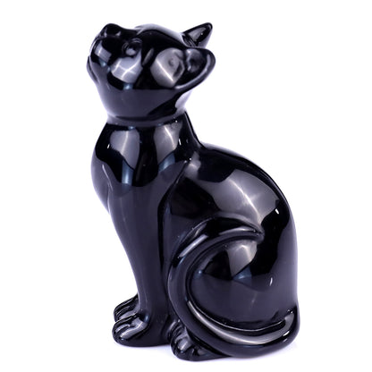 3.0" Black Obsidian Hand Carved Crystal Cat Sculpture Crystallumi