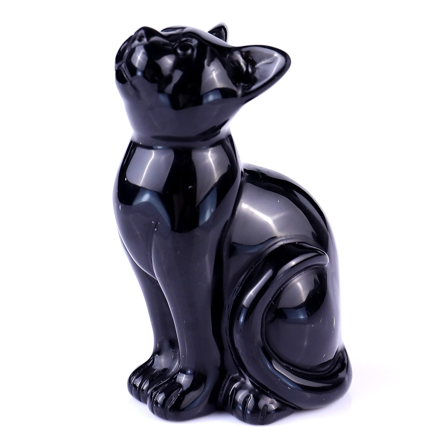 3.0" Black Obsidian Hand Carved Crystal Cat Sculpture Crystallumi