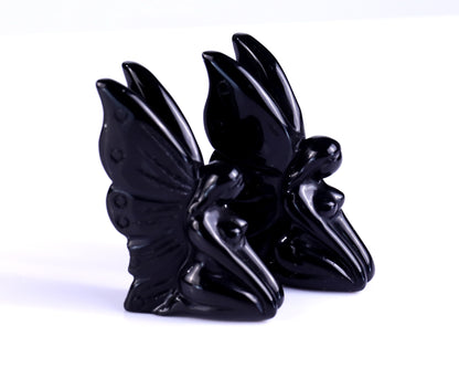 3.0" Black Obsidian Hand Carved Crystal Flower Faerie Sculpture Crystallumi