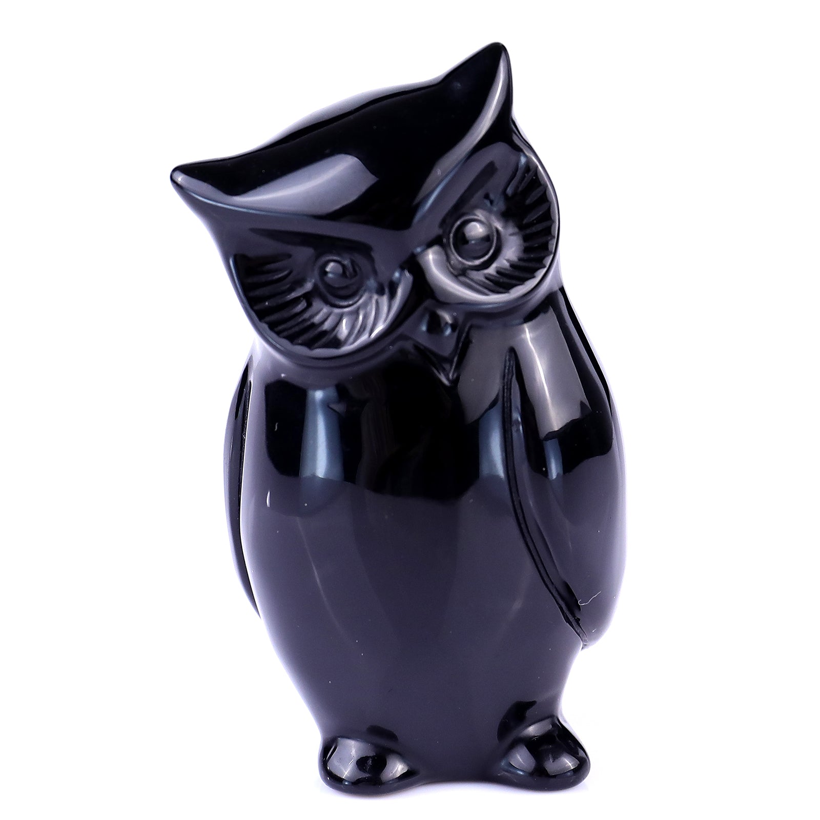 3.0" Black Obsidian Hand Carved Crystal Owl Sculpture Crystallumi