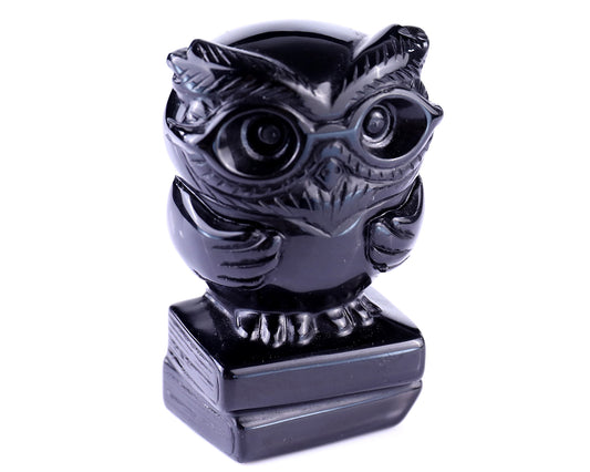 3.0" Black Obsidian Hand Carved Crystal Owl Sculpture Crystallumi