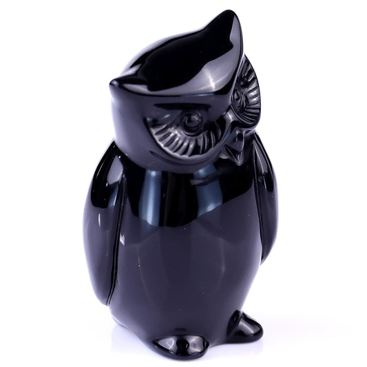 3.0" Black Obsidian Hand Carved Crystal Owl Sculpture Crystallumi