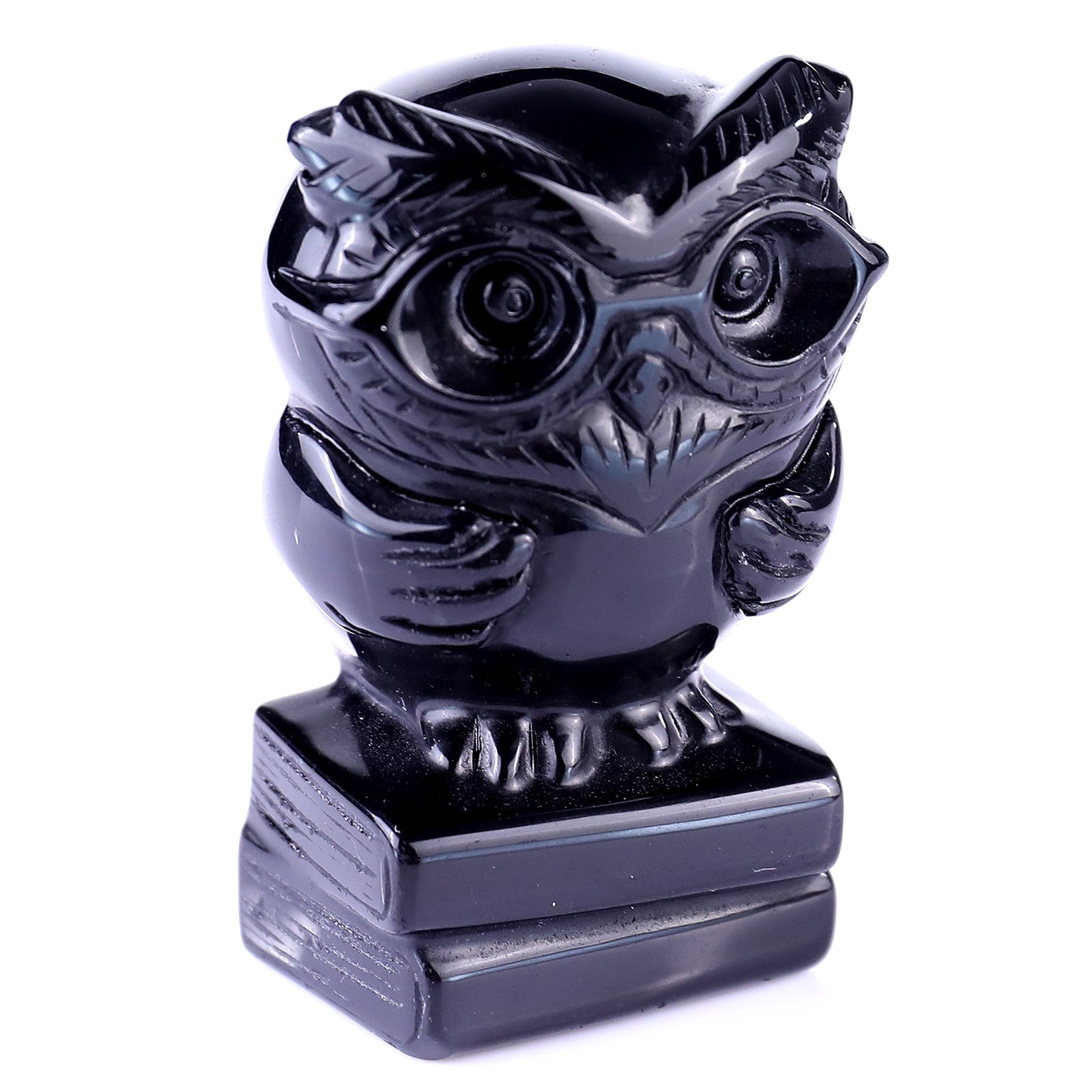 3.0" Black Obsidian Hand Carved Crystal Owl Sculpture Crystallumi