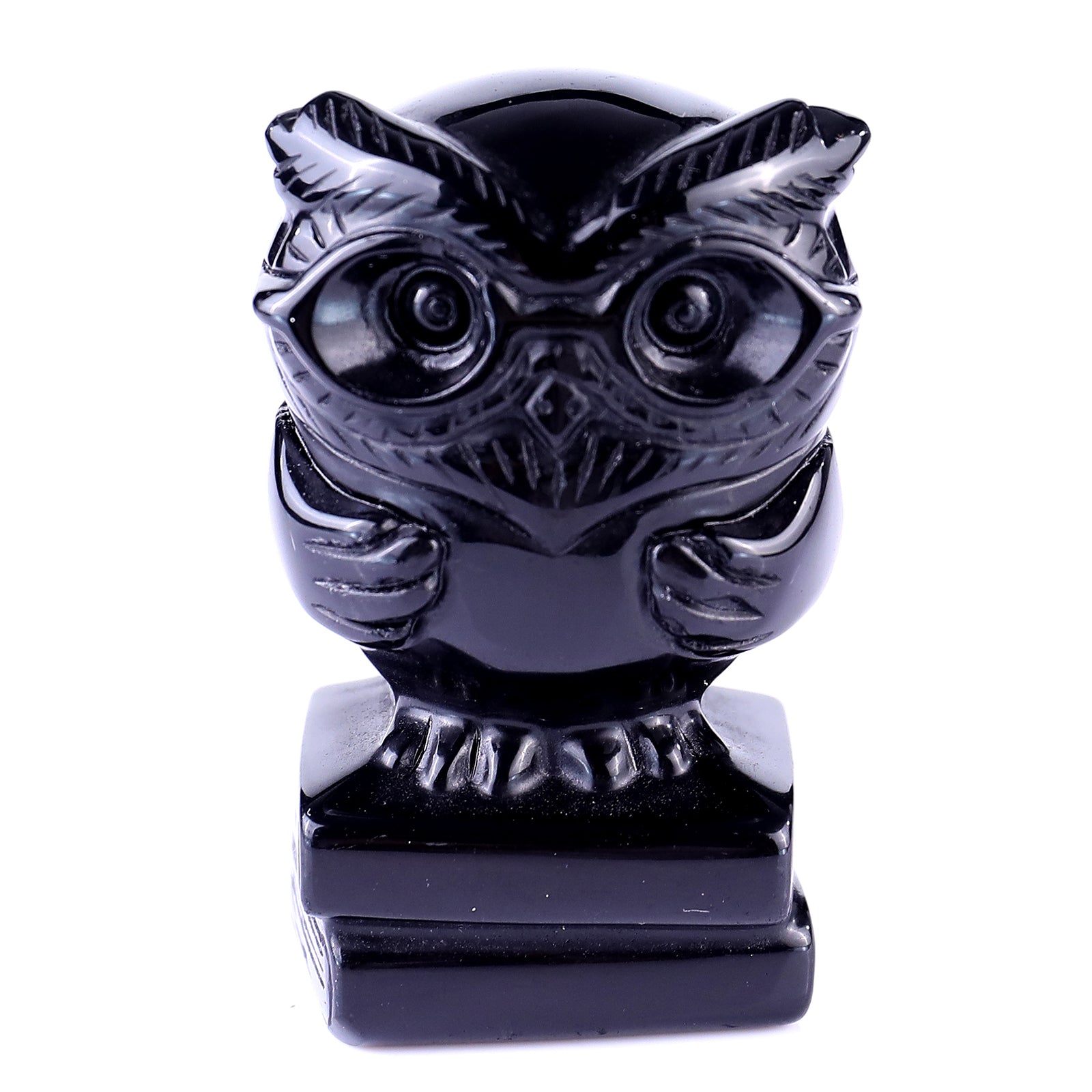 3.0" Black Obsidian Hand Carved Crystal Owl Sculpture Crystallumi