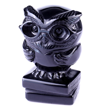 3.0" Black Obsidian Hand Carved Crystal Owl Sculpture Crystallumi