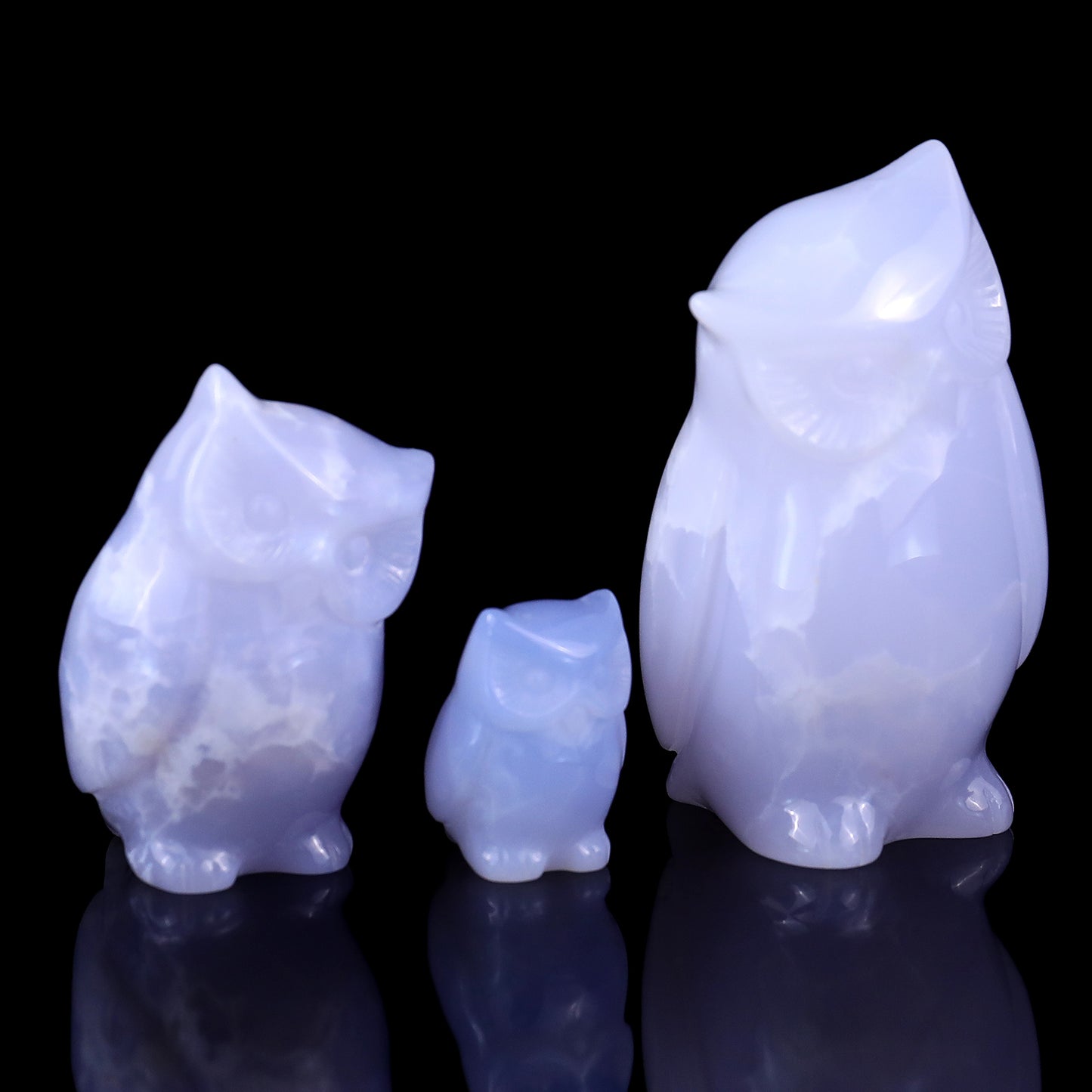 3.0" Blue Chalcedony Hand Carved Crystal Owl’s Family Sculpture Crystallumi