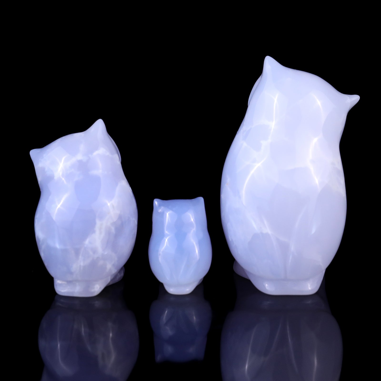 3.0" Blue Chalcedony Hand Carved Crystal Owl’s Family Sculpture Crystallumi