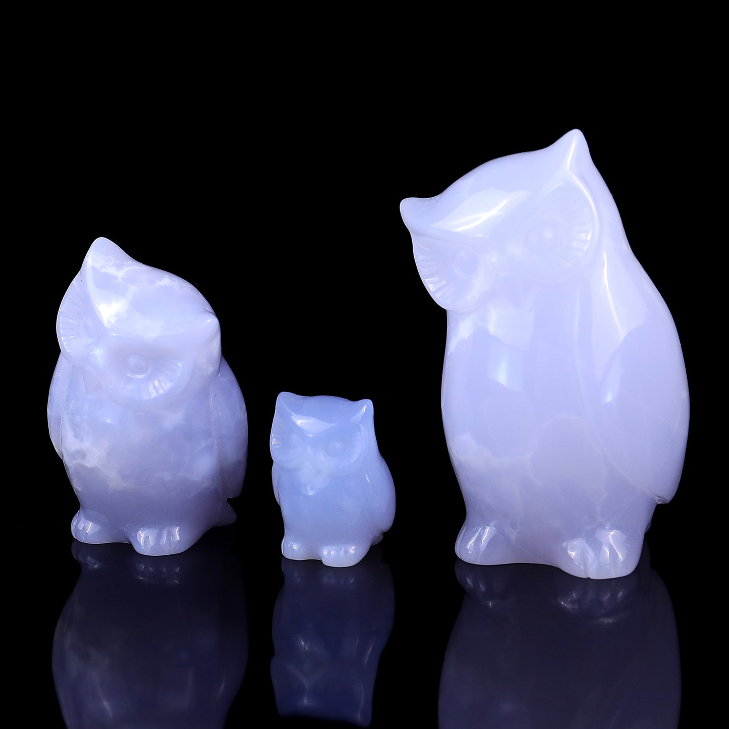 3.0" Blue Chalcedony Hand Carved Crystal Owl’s Family Sculpture Crystallumi