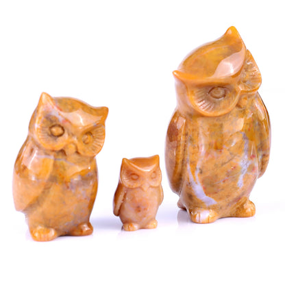 3.0" Chalcedony Hand Carved Crystal Owl's Family Sculpture Crystallumi