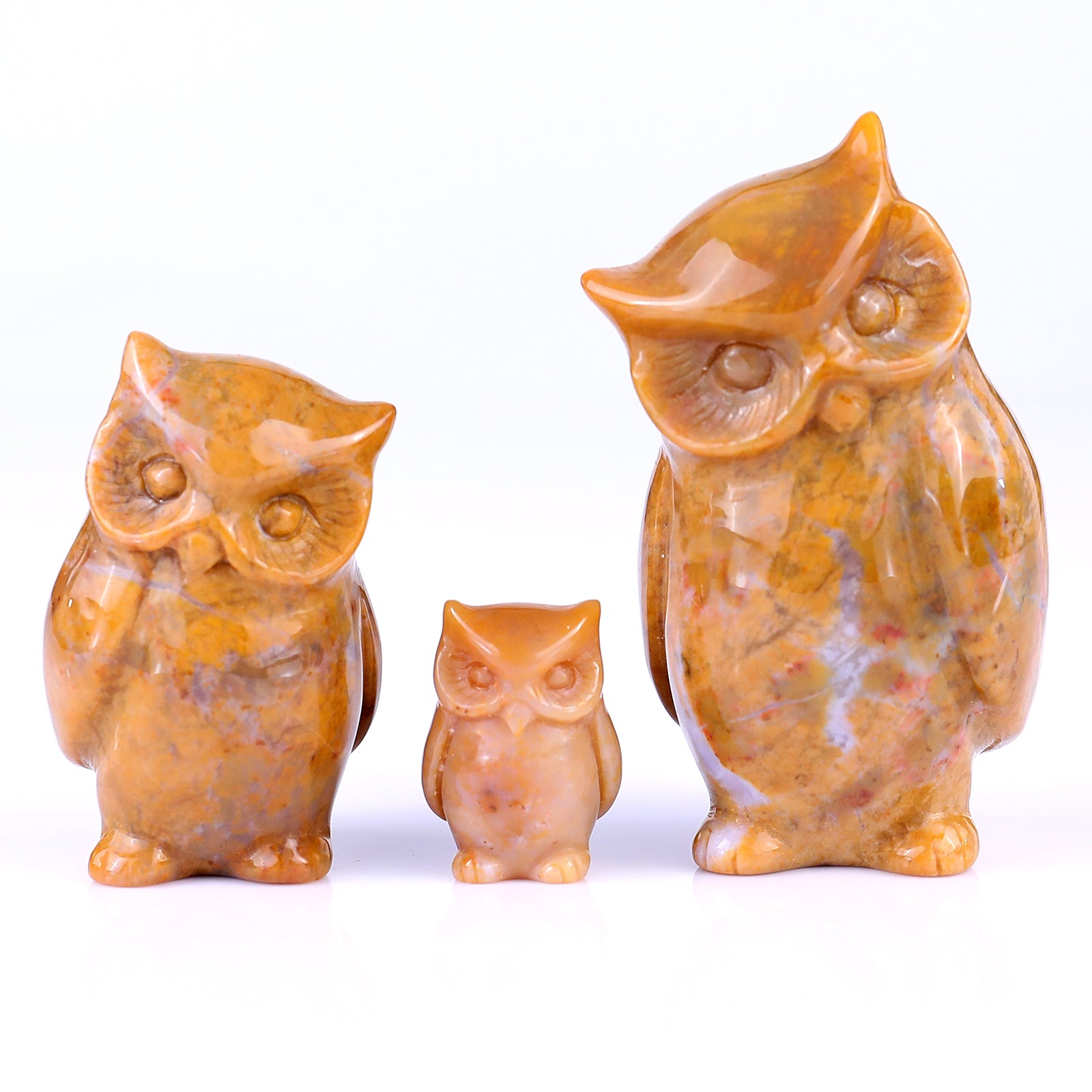 3.0" Chalcedony Hand Carved Crystal Owl's Family Sculpture Crystallumi