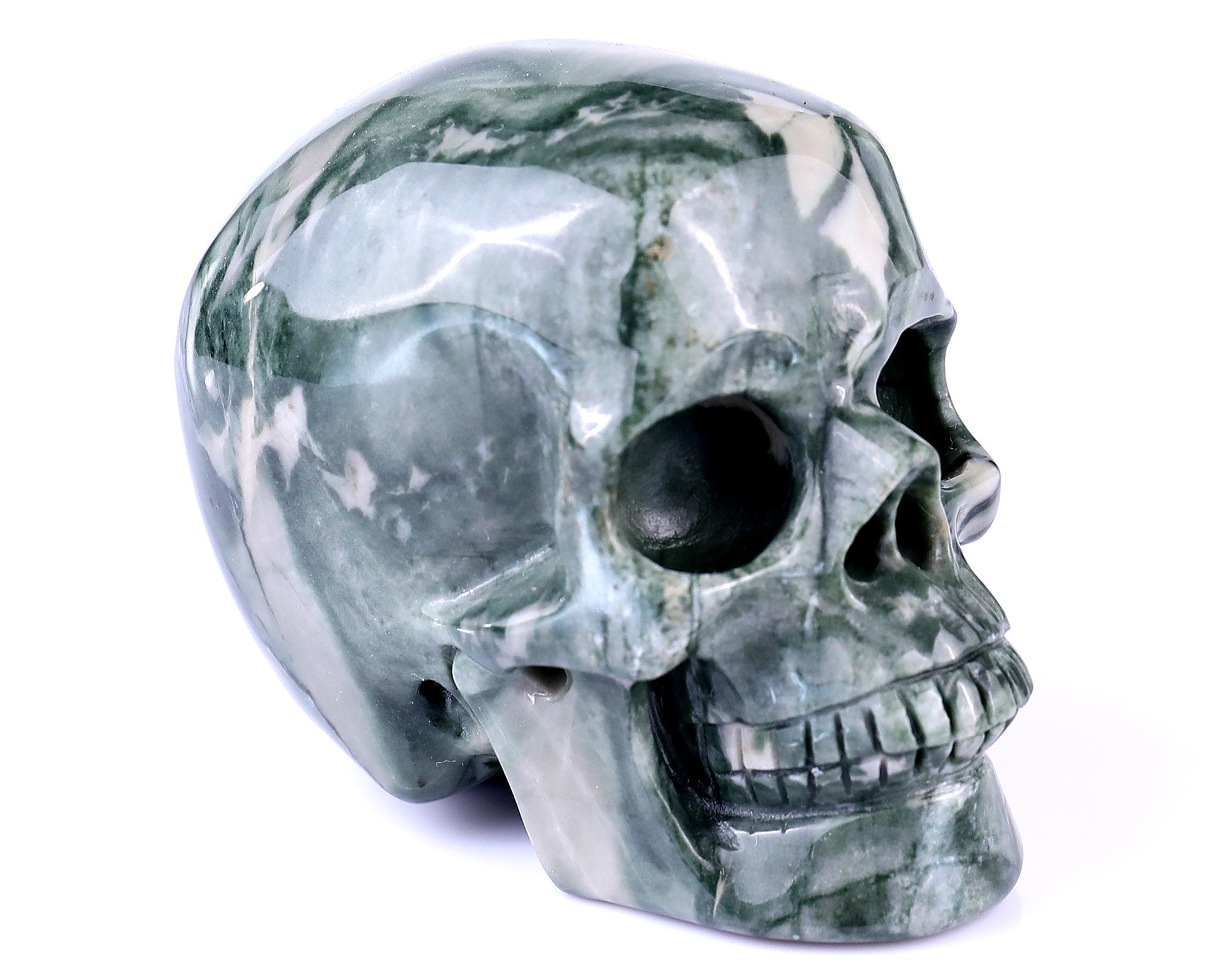 3.0" Jiulong Jade Hand Carved Crystal Realistic Skull Sculpture Crystallumi