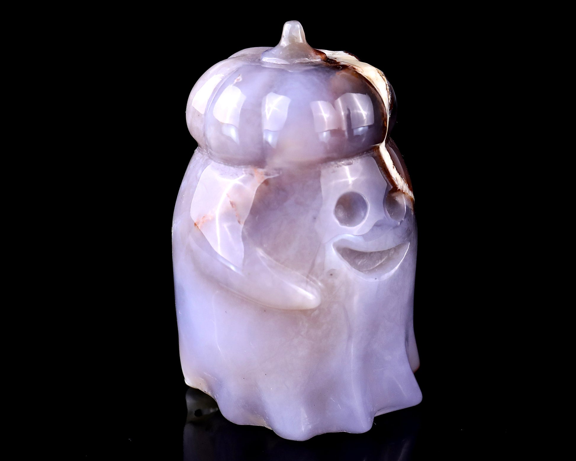 3.0” Natural Chalcedony Hand Carved Crystal Pumpkin Ghost Sculpture, Halloween Gift Crystallumi