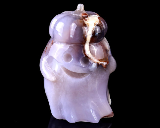 3.0” Natural Chalcedony Hand Carved Crystal Pumpkin Ghost Sculpture, Halloween Gift Crystallumi