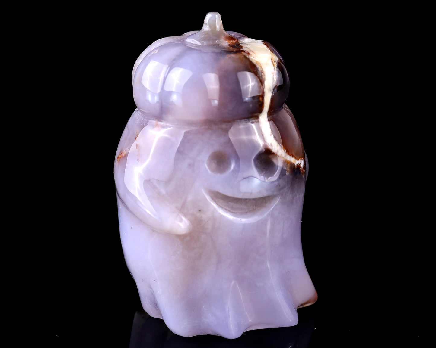 3.0” Natural Chalcedony Hand Carved Crystal Pumpkin Ghost Sculpture, Halloween Gift Crystallumi