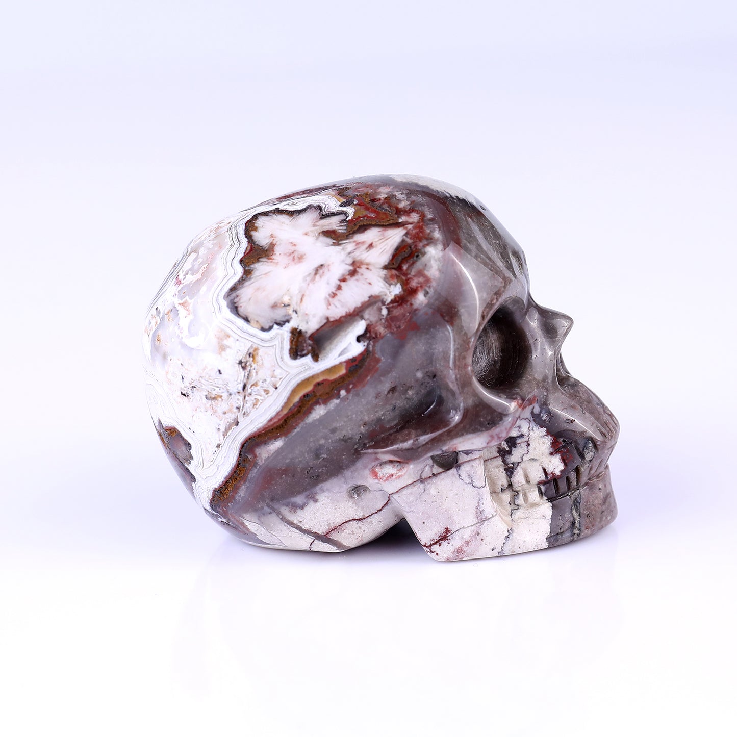 3.0" Red Crazy Lace Agate Hand Carved Crystal Realistic Skull Sculpture Crystallumi