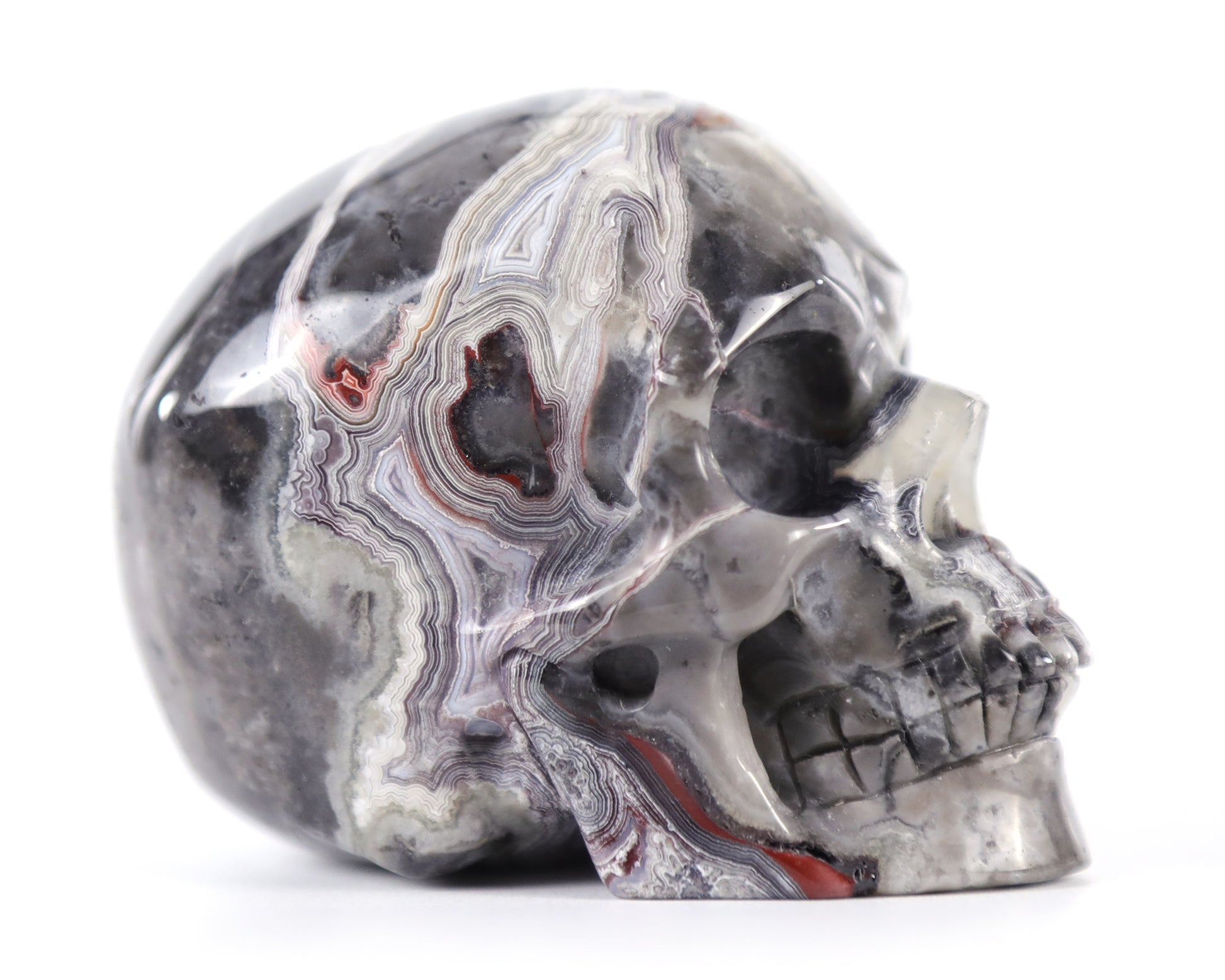 3.0" Red Crazy Lace Agate Hand Carved Crystal Realistic Skull Sculpture Crystallumi