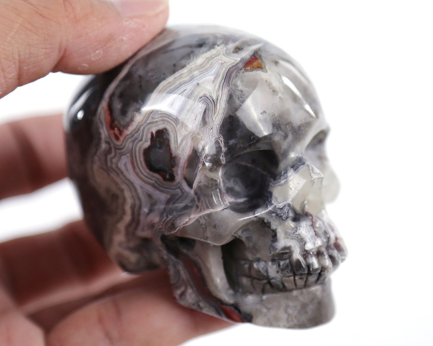 3.0" Red Crazy Lace Agate Hand Carved Crystal Realistic Skull Sculpture Crystallumi