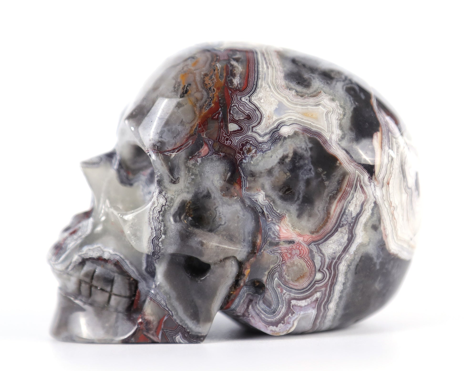 3.0" Red Crazy Lace Agate Hand Carved Crystal Realistic Skull Sculpture Crystallumi