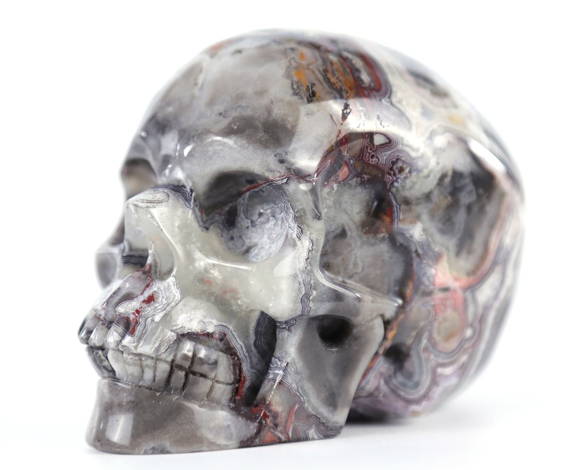 3.0" Red Crazy Lace Agate Hand Carved Crystal Realistic Skull Sculpture Crystallumi