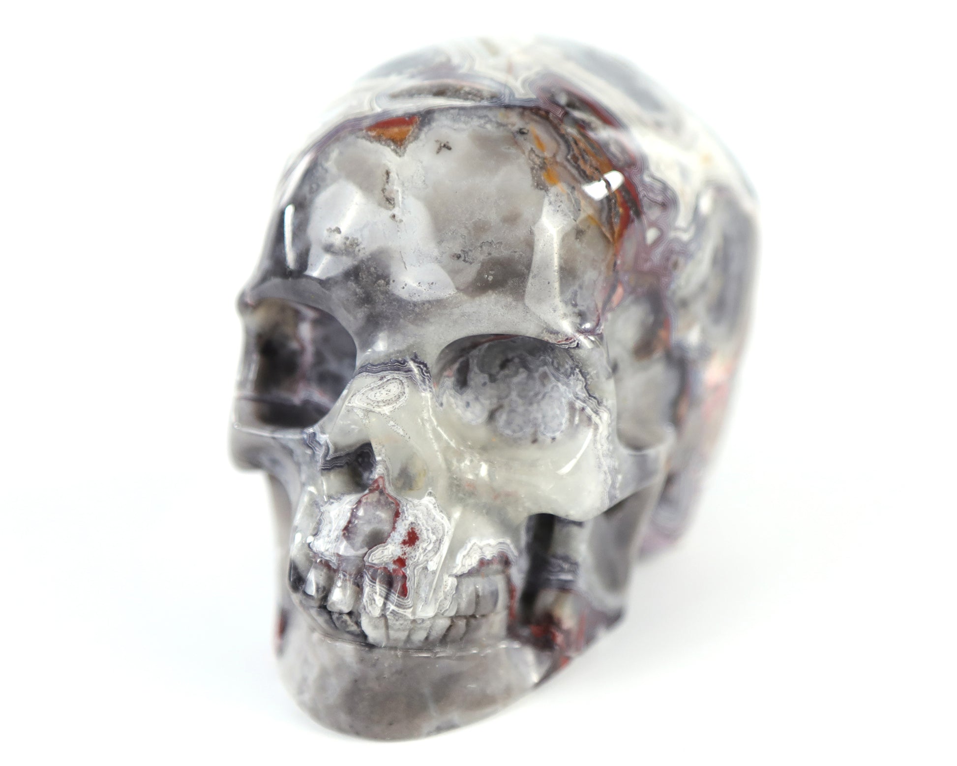 3.0" Red Crazy Lace Agate Hand Carved Crystal Realistic Skull Sculpture Crystallumi