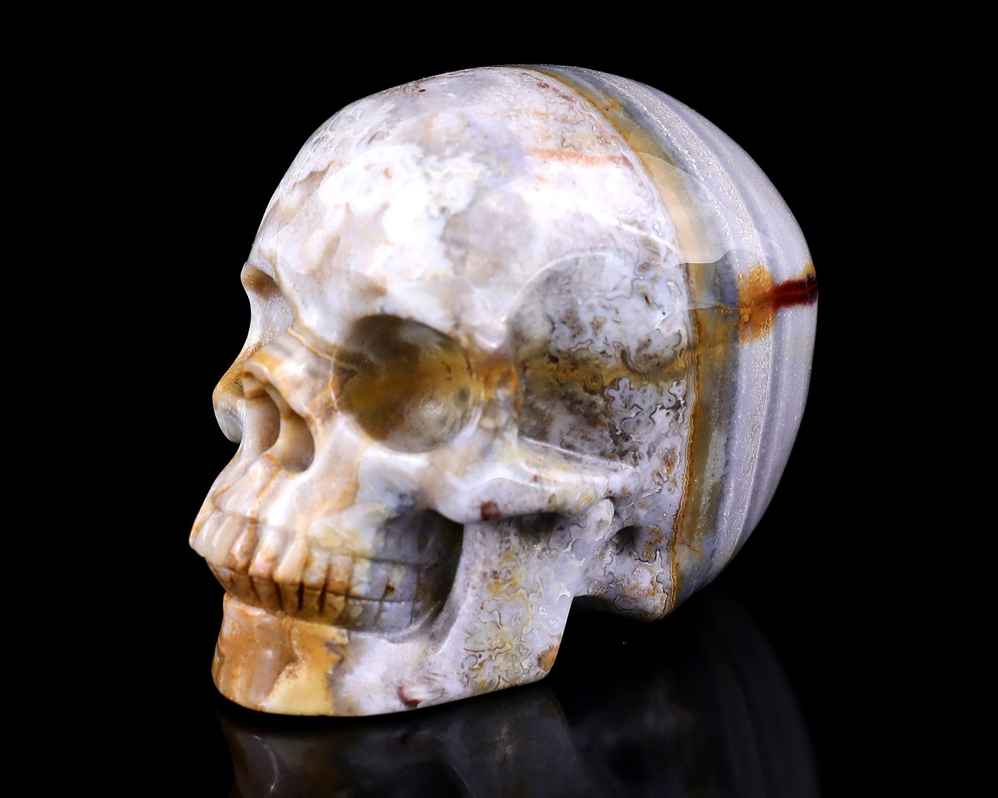 3.0" Red Crazy Lace Agate Hand Carved Crystal Realistic Skull Sculpture Crystallumi