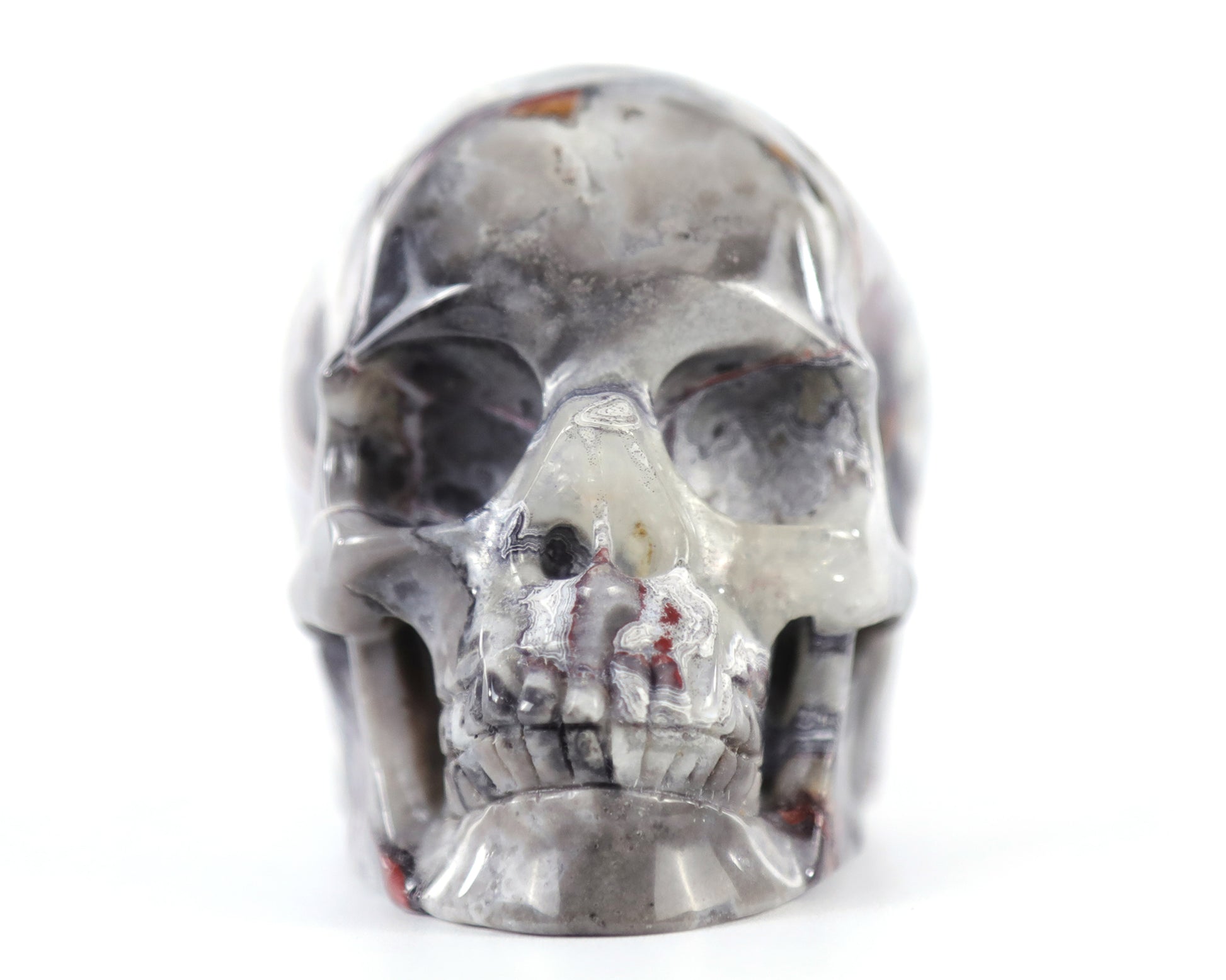 3.0" Red Crazy Lace Agate Hand Carved Crystal Realistic Skull Sculpture Crystallumi