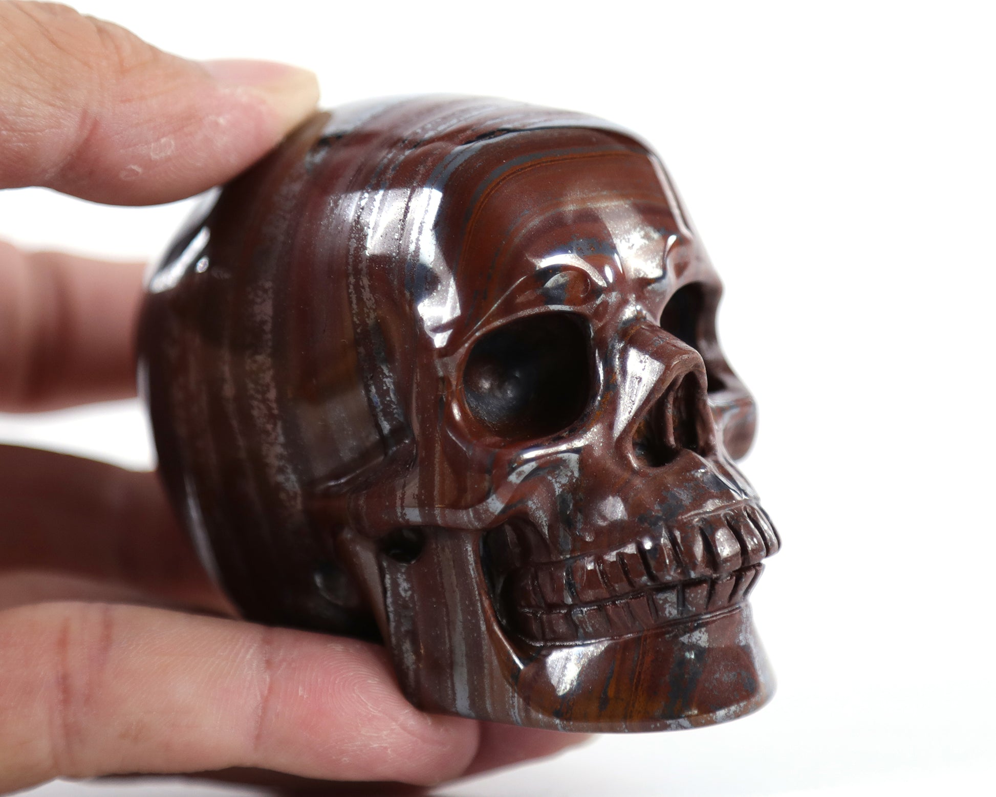 3.0" Tiger Iron Eye Hand Carved Crystal Realistic Skull Sculpture Crystallumi