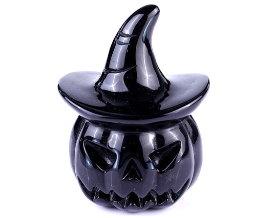 3.1" Black Obsidian Hand Carved Crystal Pumpkin Wizard,Halloween Gift Crystallumi