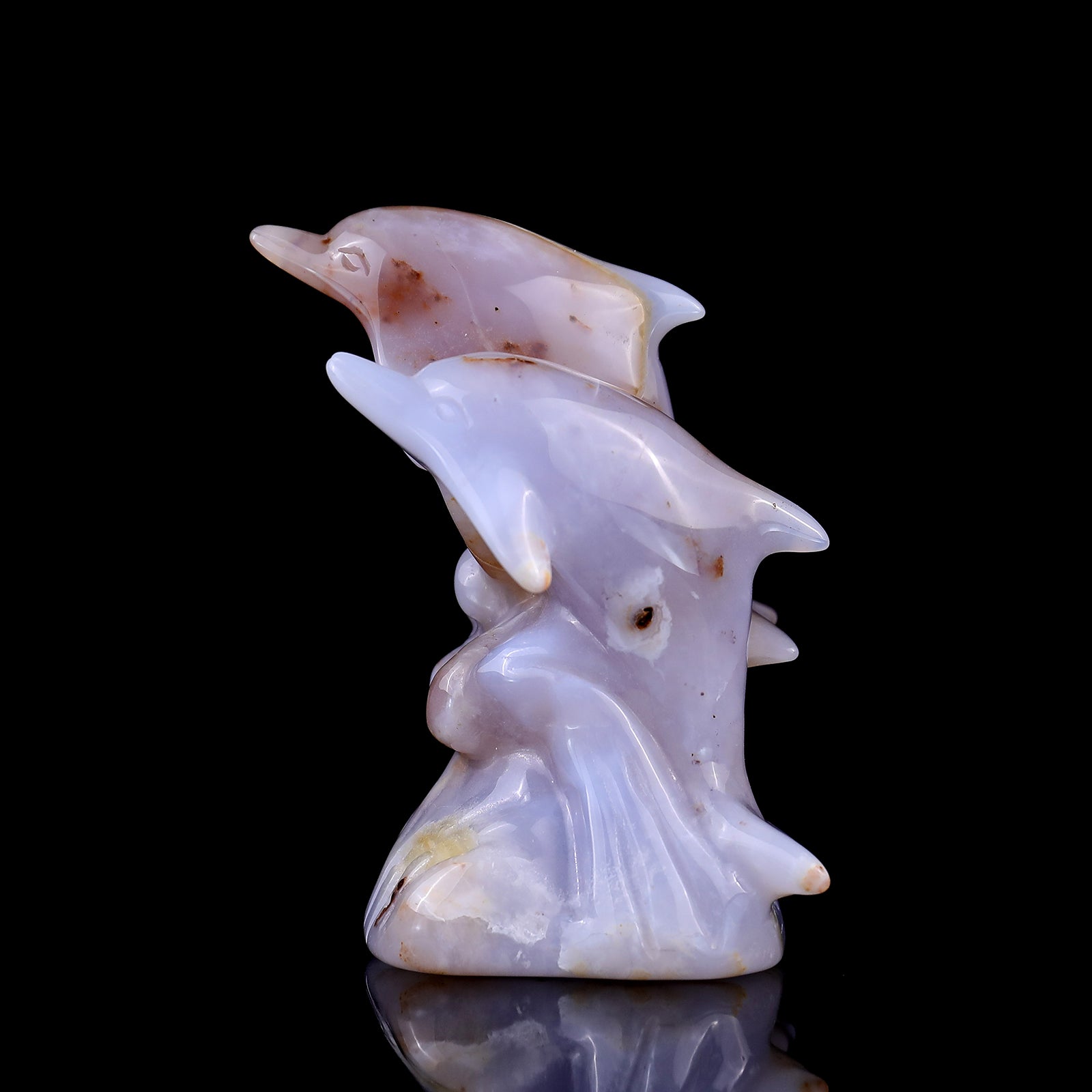 3.1" Blue Chalcedony Hand Carved Crystal Dolphins Sculpture Crystallumi