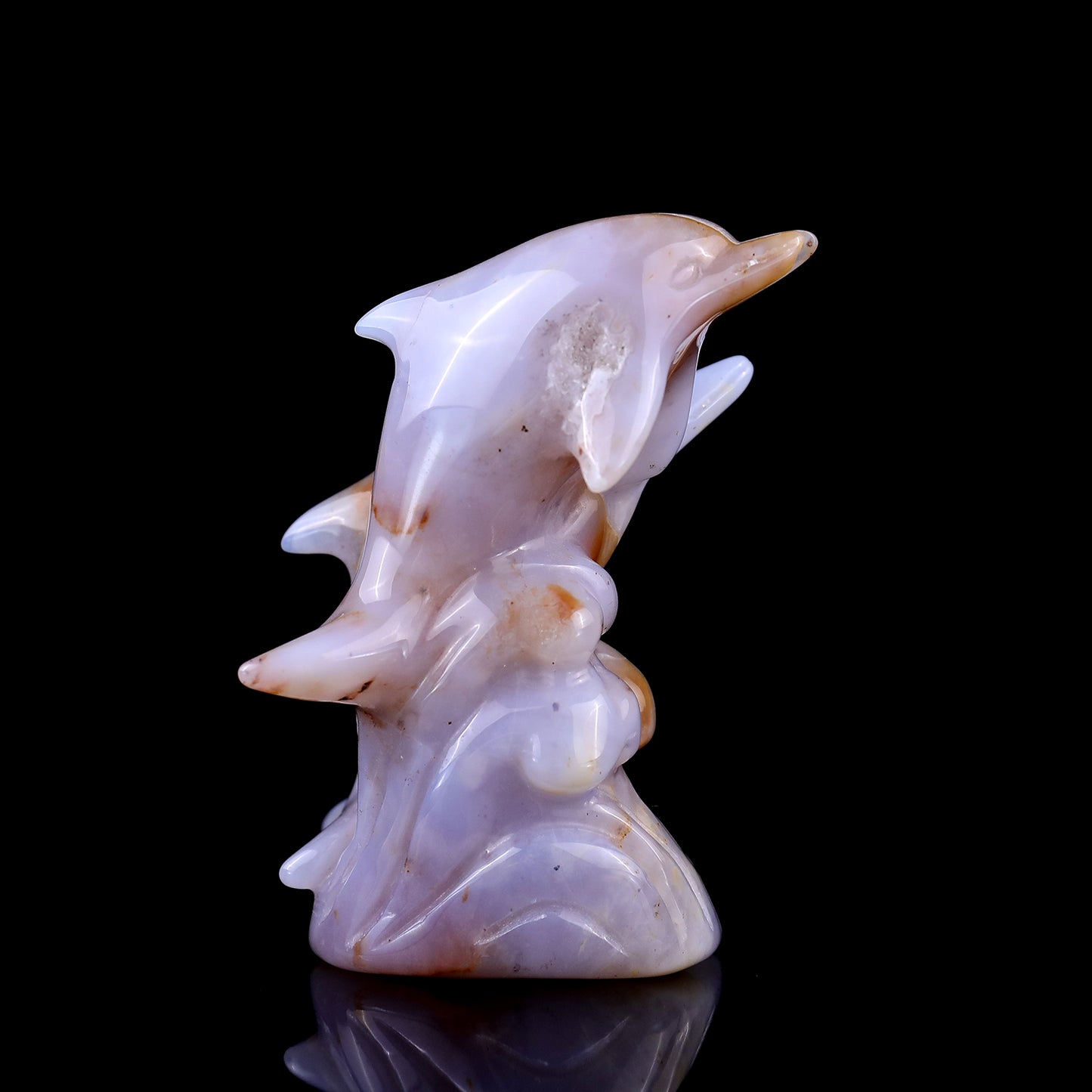 3.1" Blue Chalcedony Hand Carved Crystal Dolphins Sculpture Crystallumi