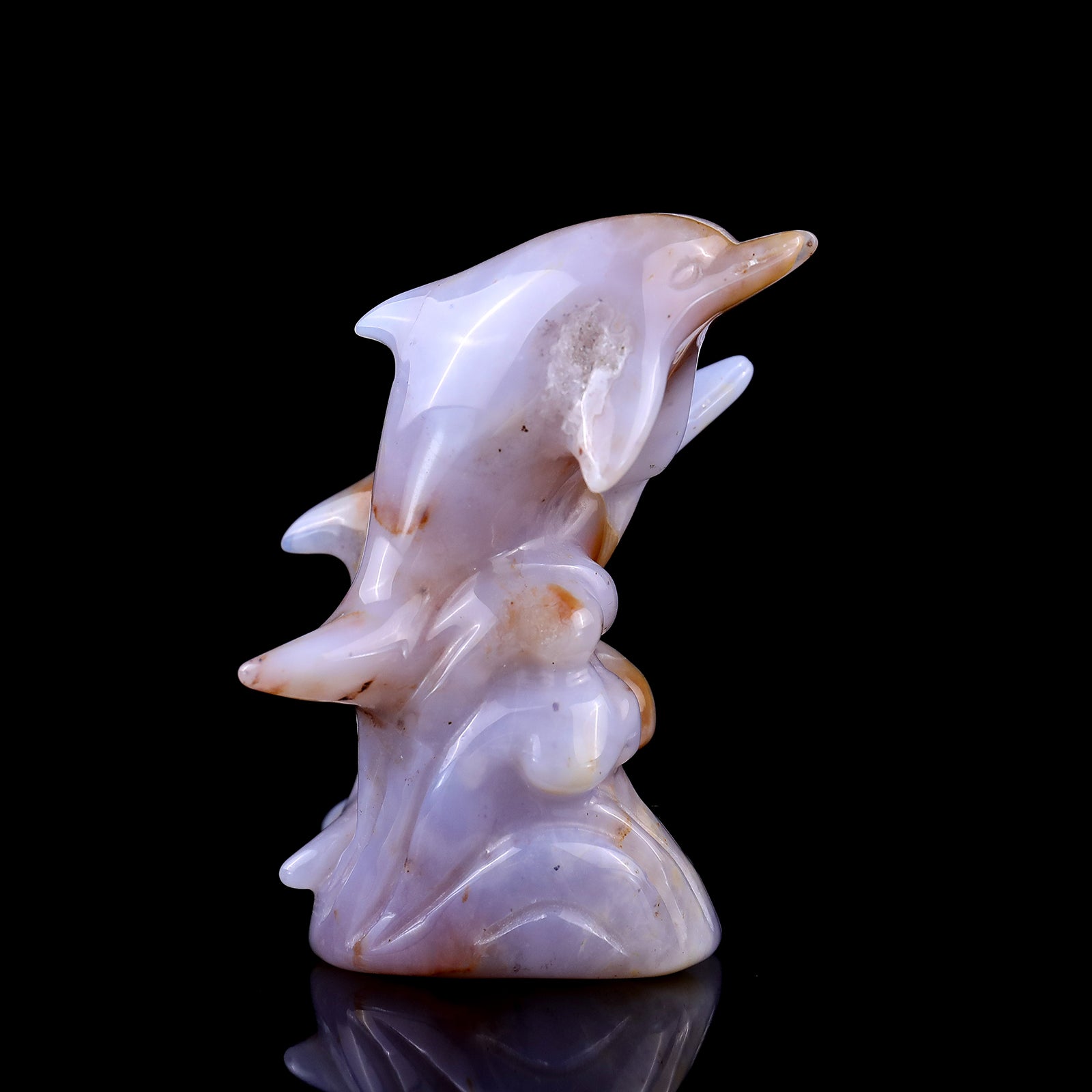 3.1" Blue Chalcedony Hand Carved Crystal Dolphins Sculpture Crystallumi