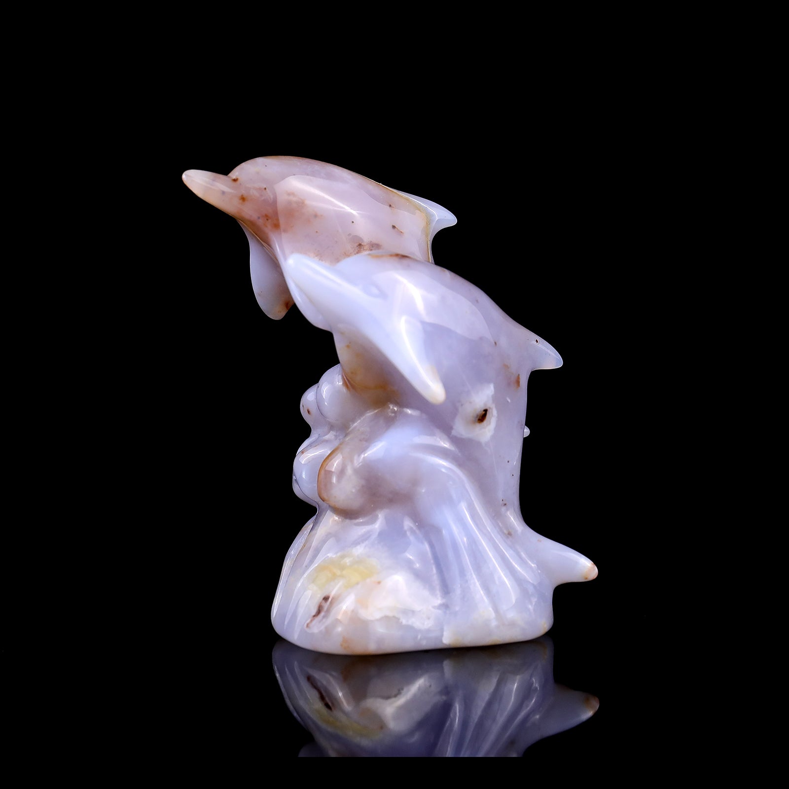 3.1" Blue Chalcedony Hand Carved Crystal Dolphins Sculpture Crystallumi