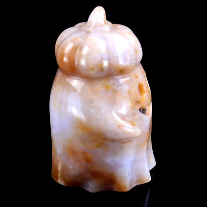 3.1” Natural Chalcedony Hand Carved Crystal Pumpkin Ghost Sculpture, Halloween Gift Crystallumi