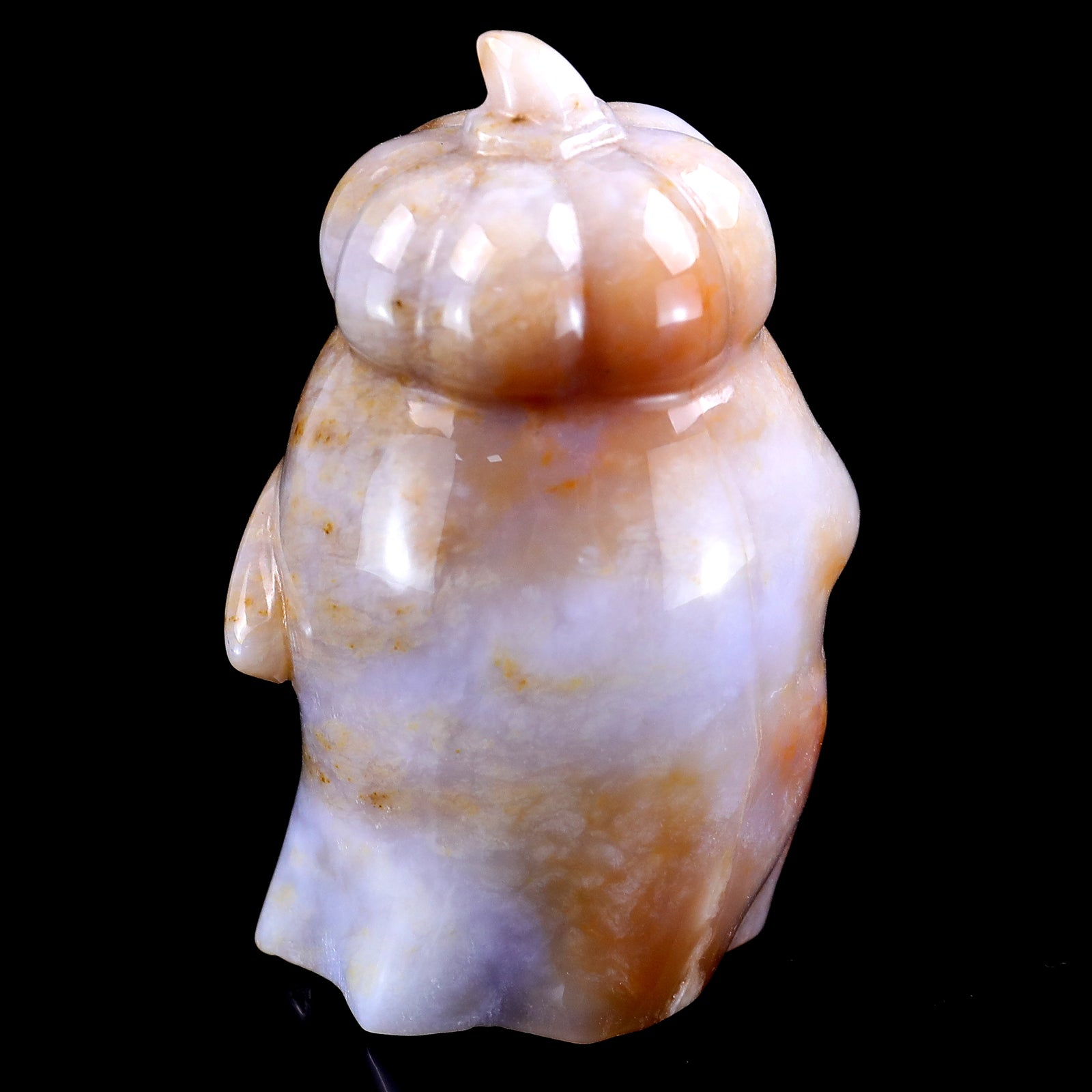 3.1” Natural Chalcedony Hand Carved Crystal Pumpkin Ghost Sculpture, Halloween Gift Crystallumi