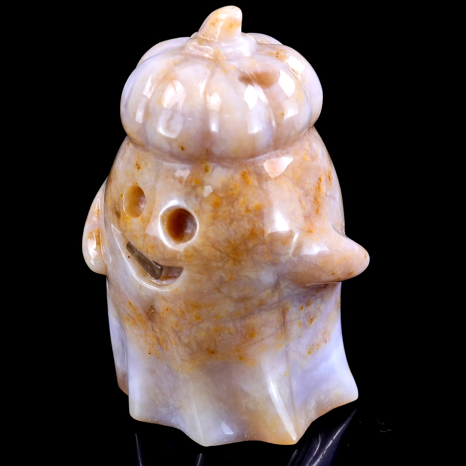 3.1” Natural Chalcedony Hand Carved Crystal Pumpkin Ghost Sculpture, Halloween Gift Crystallumi