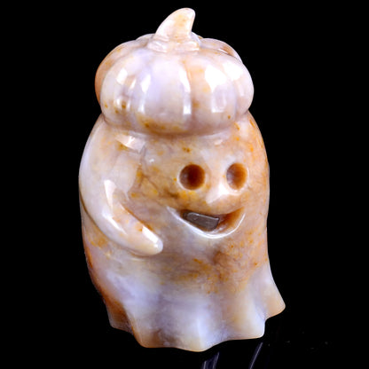 3.1” Natural Chalcedony Hand Carved Crystal Pumpkin Ghost Sculpture, Halloween Gift Crystallumi