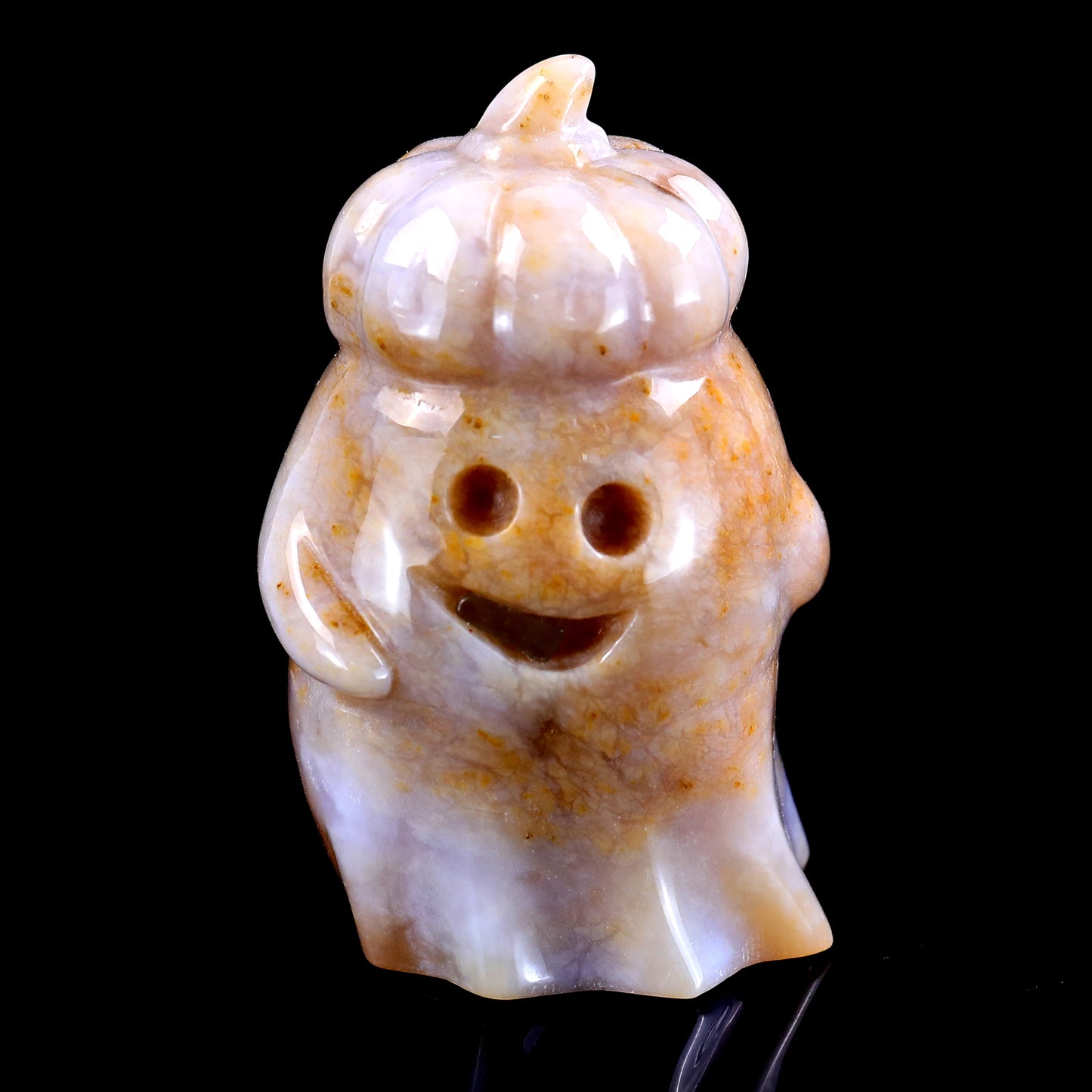 3.1” Natural Chalcedony Hand Carved Crystal Pumpkin Ghost Sculpture, Halloween Gift Crystallumi