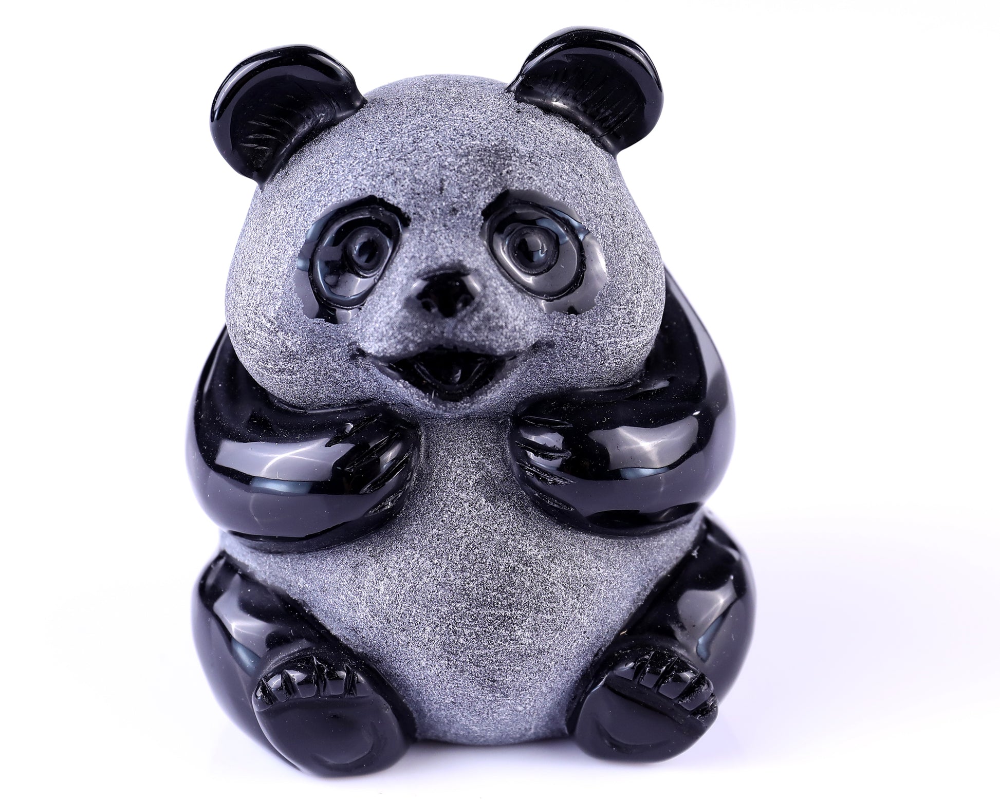 3.3" Black Obsidian Hand Carved Crystal Panda Sculpture Crystallumi