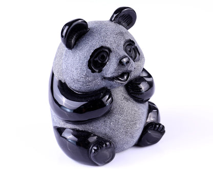 3.3" Black Obsidian Hand Carved Crystal Panda Sculpture Crystallumi