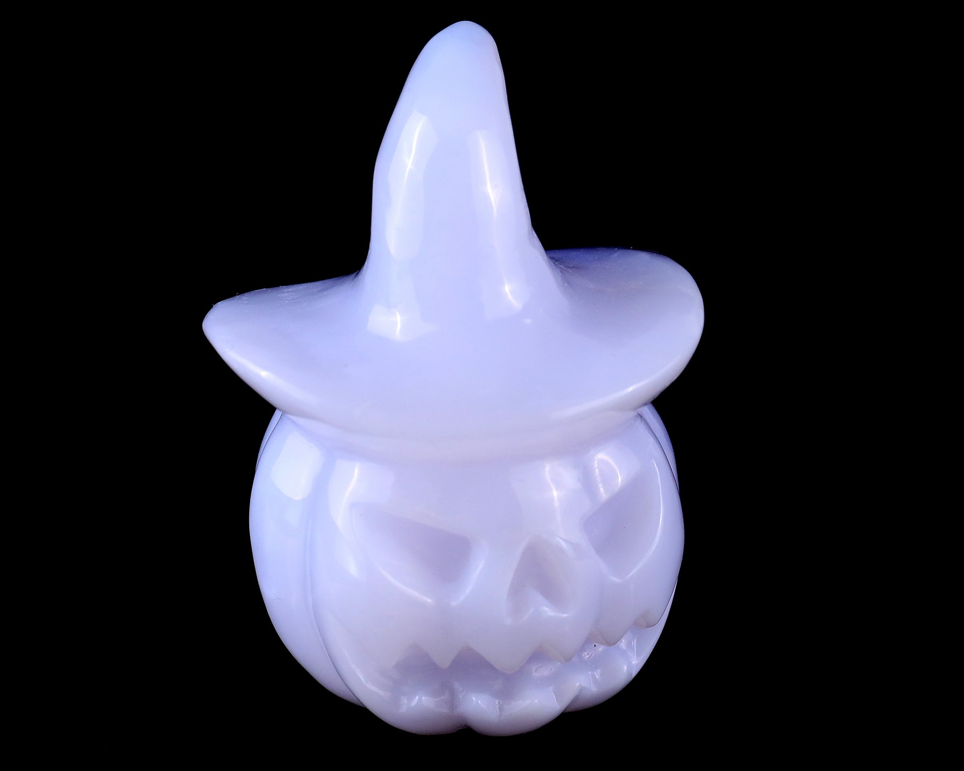 3.3” Natural Blue Chalcedony Hand Carved Crystal Wizard Pumpkin Sculpture, Halloween Gift Crystallumi