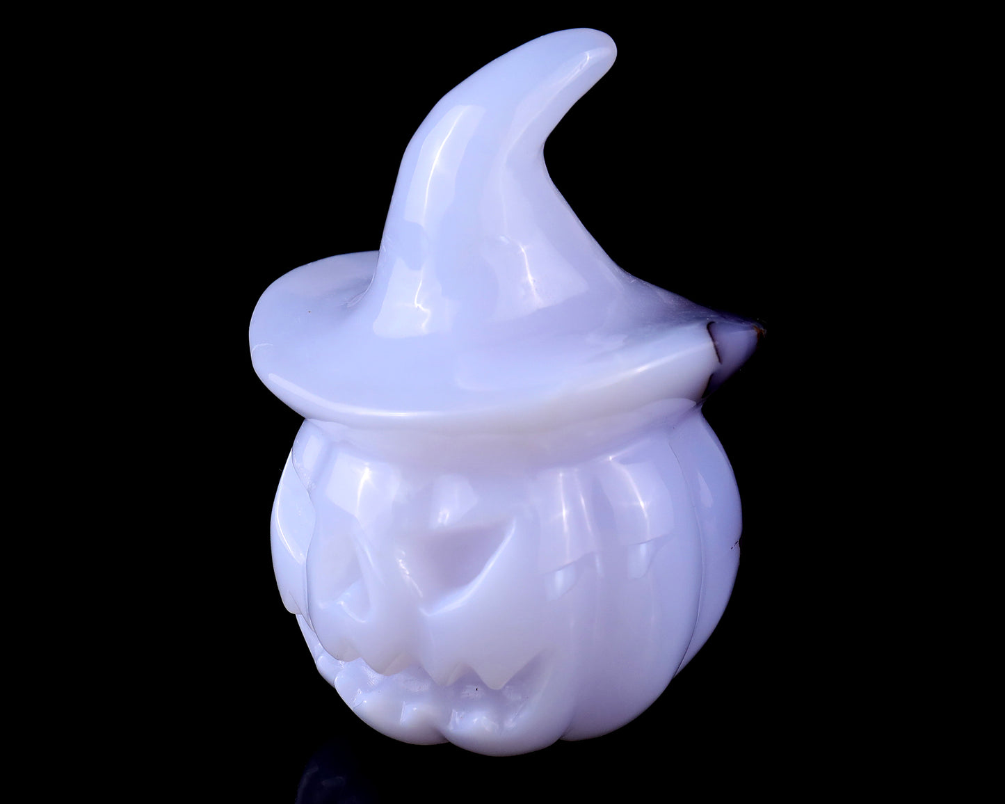 3.3” Natural Blue Chalcedony Hand Carved Crystal Wizard Pumpkin Sculpture, Halloween Gift Crystallumi