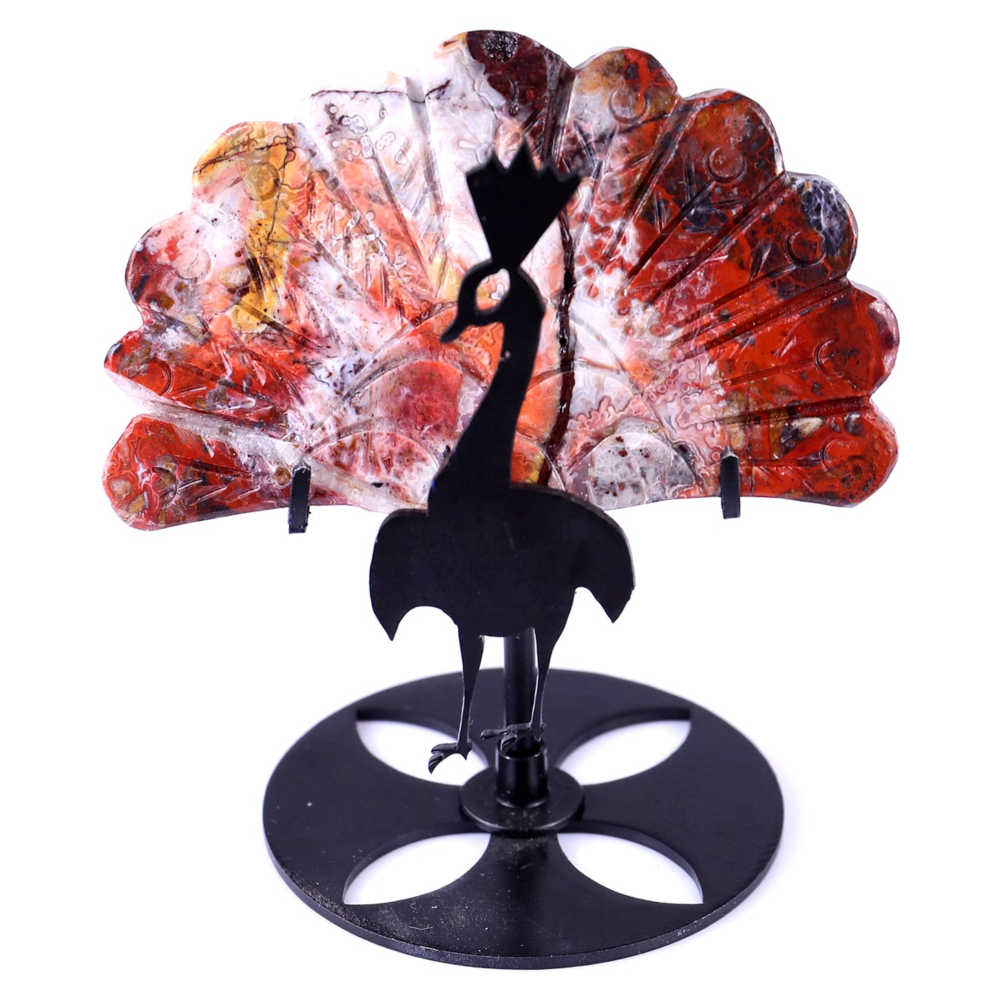 3.3" Red Crazy Lace Agate Hand Carved Crystal Peacock Tail Wings Sculpture Crystallumi