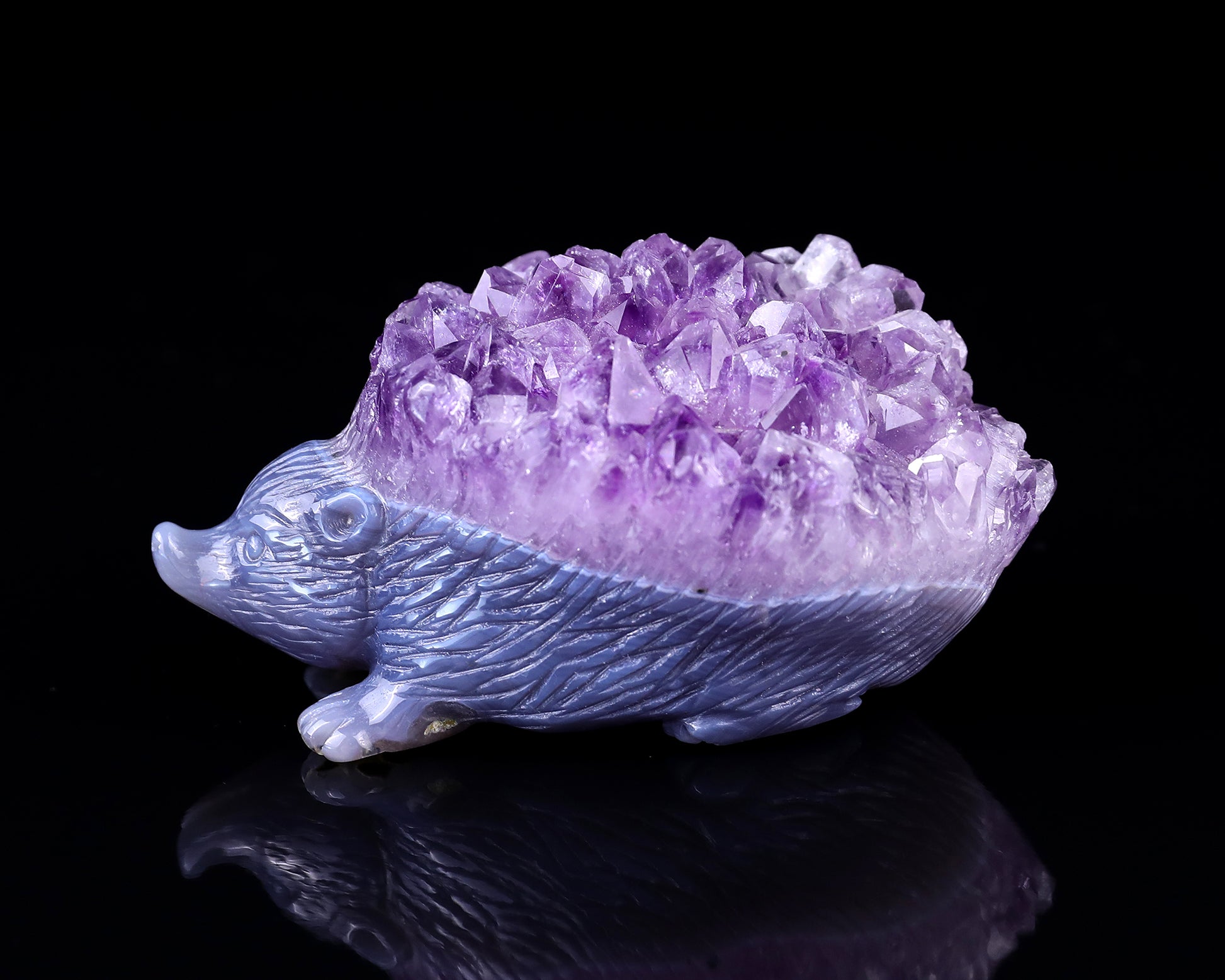 3.4" Amethyst Druse Agate Hand Carved Crystal Hedgehog Sculpture Crystallumi