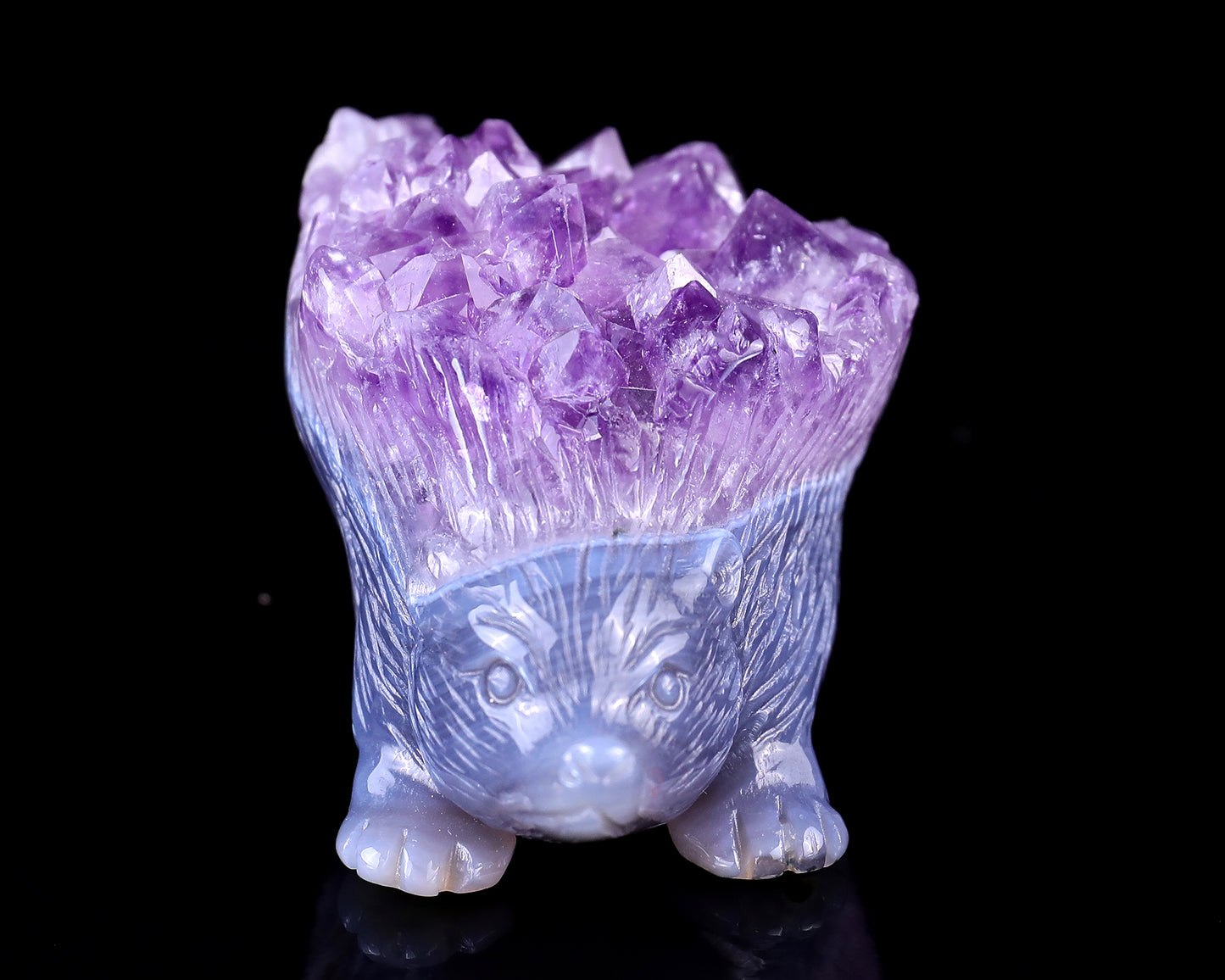 3.4" Amethyst Druse Agate Hand Carved Crystal Hedgehog Sculpture Crystallumi