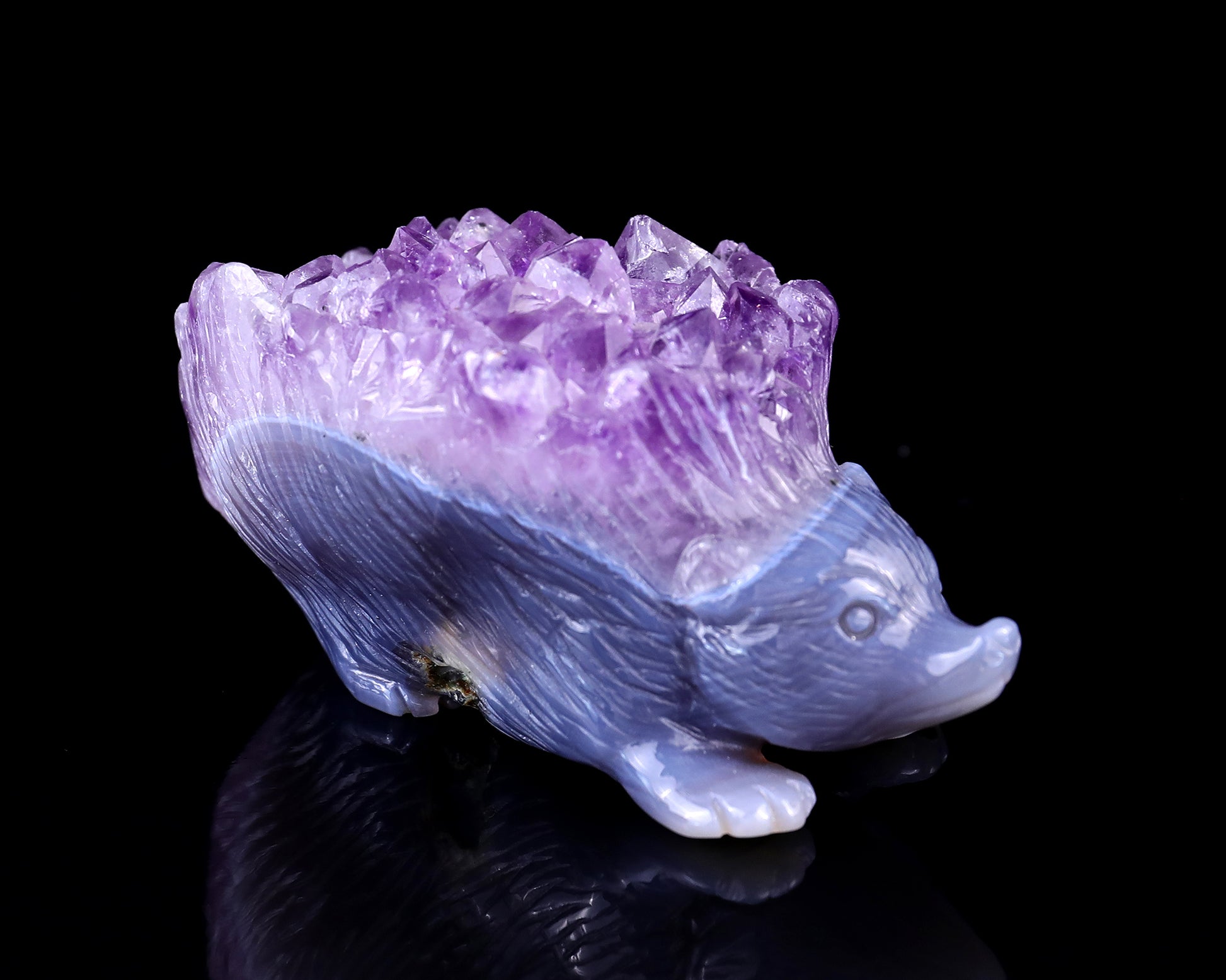 3.4" Amethyst Druse Agate Hand Carved Crystal Hedgehog Sculpture Crystallumi