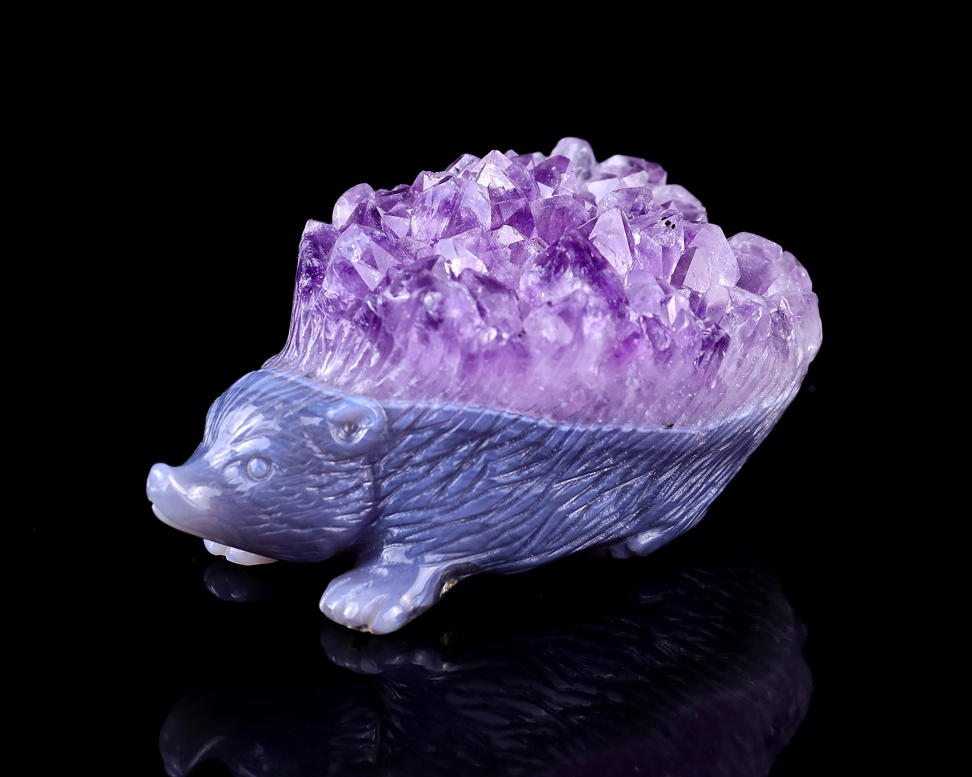 3.4" Amethyst Druse Agate Hand Carved Crystal Hedgehog Sculpture Crystallumi