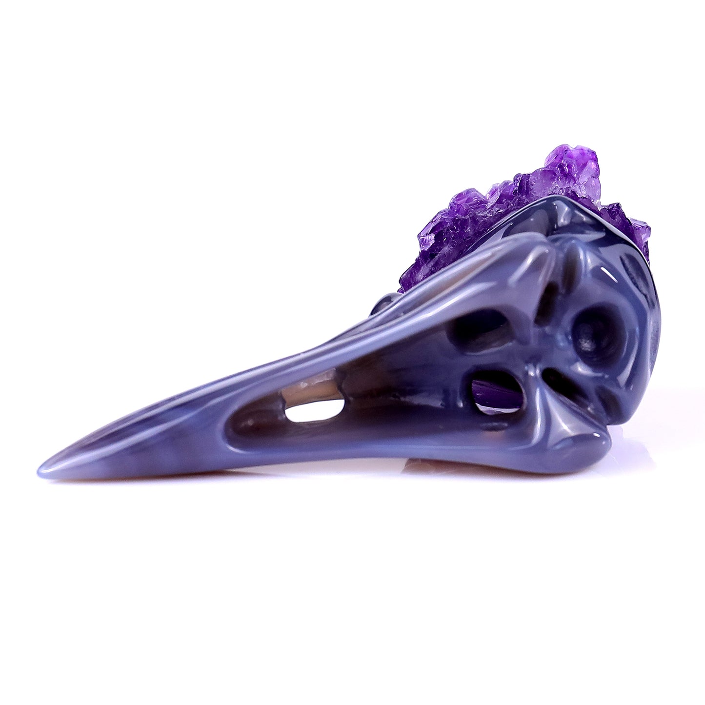 3.4" Amethyst Druse Agate Hand Carved Crystal Raven Skull Sculpture Crystallumi