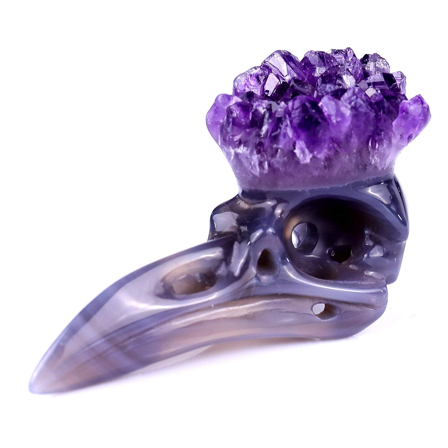 3.4" Amethyst Druse Agate Hand Carved Crystal Raven Skull Sculpture Crystallumi