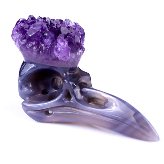 3.4" Amethyst Druse Agate Hand Carved Crystal Raven Skull Sculpture Crystallumi